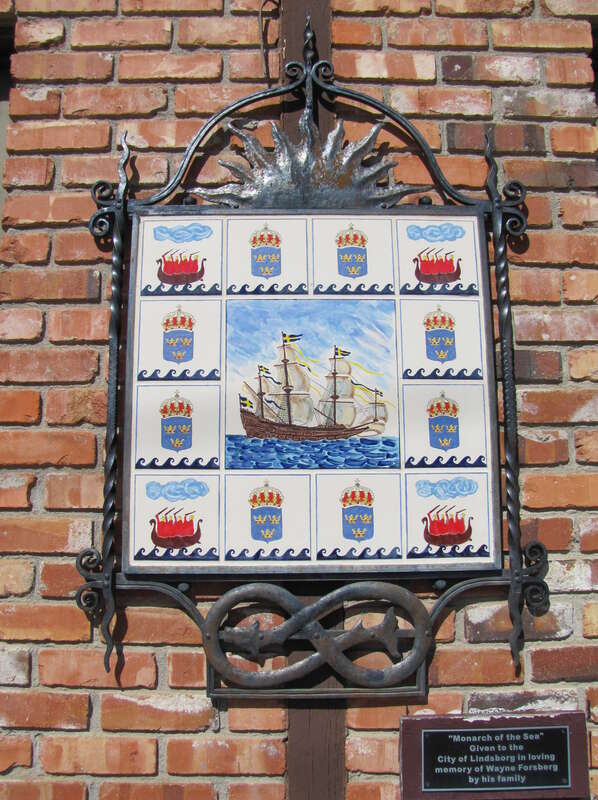 The image of the Swedish ship "Monarch of the Sea", made in the form of the coat of arms. 127 N Main St, Lindsborg, Kansas