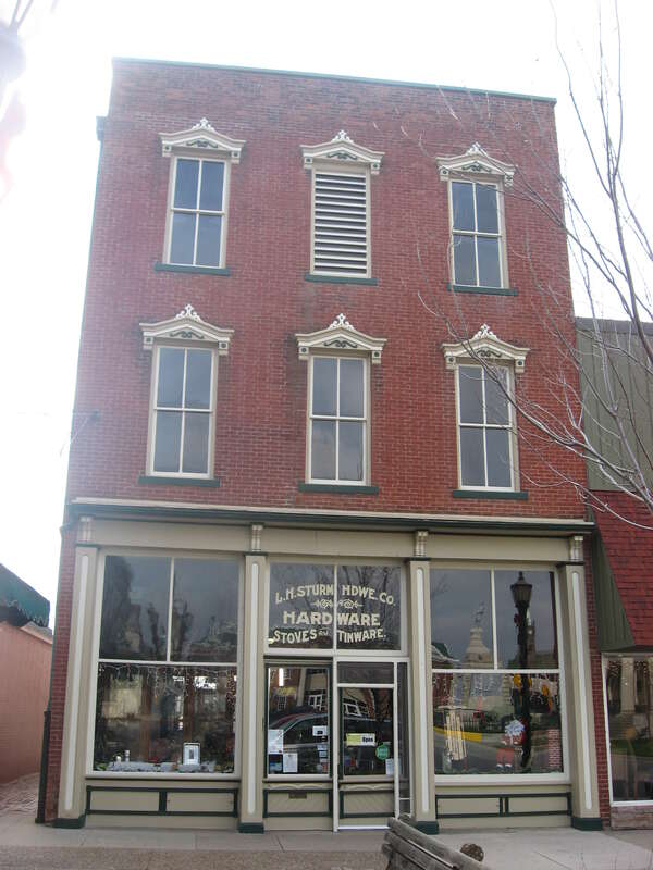 Front of the Louis H. Sturm Hardware Store, located at 516 Main Street on the public square in Jasper, Indiana, United States.  Built in 1886, it is listed on the National Register of Historic Places.
