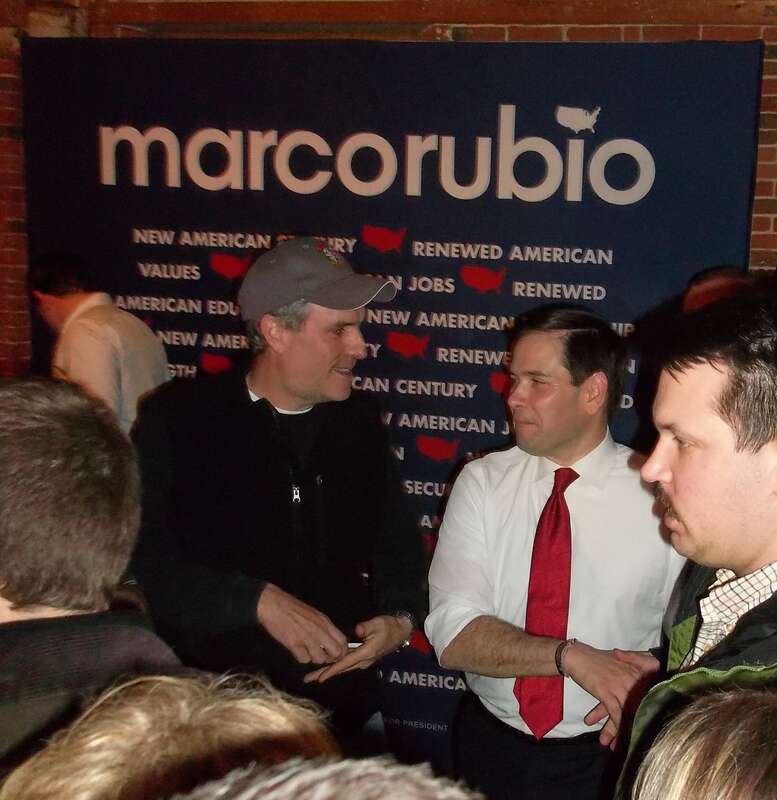Marco Rubio, Republican senator from Florida competing in the New Hampshire presidential primary, speaks with a supporter at his town hall in Laconia, NH at the Belknap Mill downtown on Wednesday February 3, 2016.