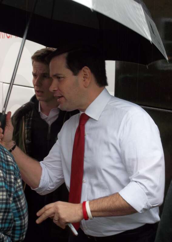 Marco Rubio about to get in his campaign bus after his town hall in Laconia, New Hampshire at the Belknap Mill on Wednesday, February 3, 2016.