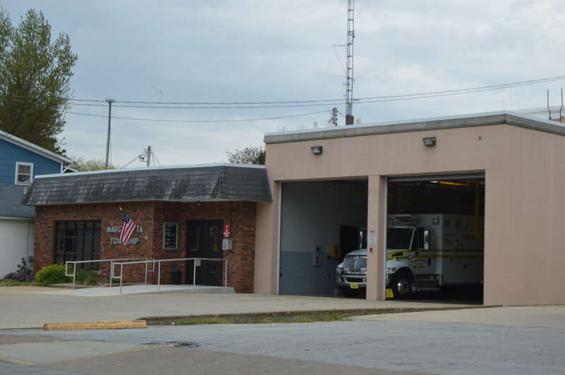 Front of the Margaretta Township town hall and fire department, located along State Route 101 at 113 South Avenue in Castalia, Ohio, United States.  It was built in 1958.