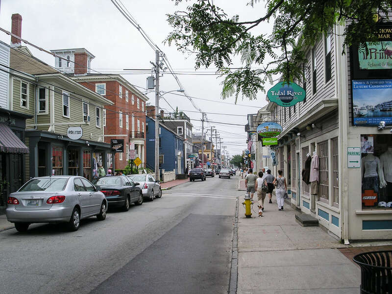 Thames Street in Newport, Rhode Island, USALooking south toward Dennison Street and Brown &amp;amp; Howard Wharf. Whitehorne House visible on left side of the street.