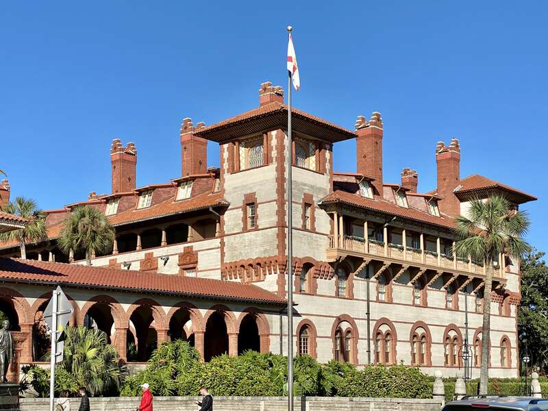Built in 1885-1887 and designed by the New York-based architecture firm of Carrère and Hastings, this ostentatious Spanish Colonial Revival-style luxury resort hotel was built by Henry Flagler to attract wealthy tourists to the warm winters of