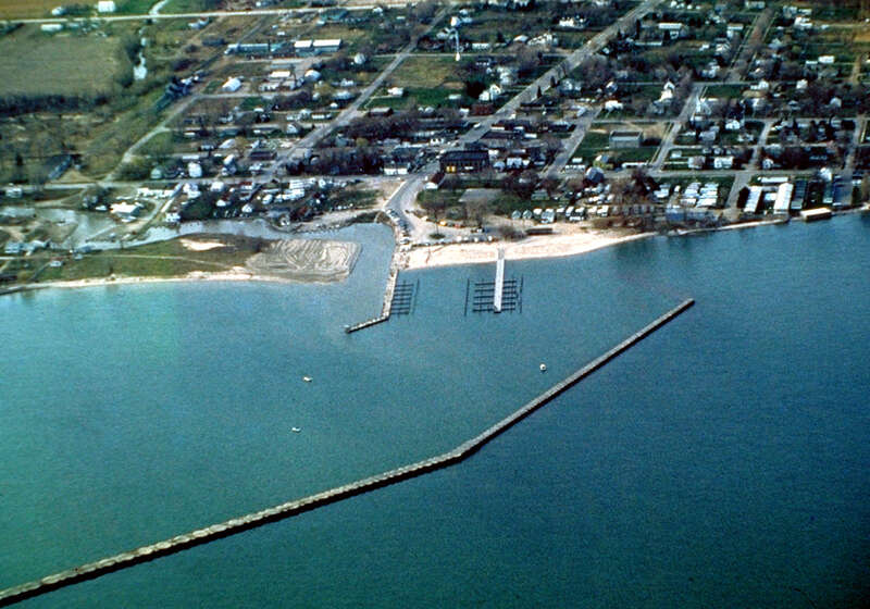 Aerial view of Port Austin, Michigan, USA. The city lies on the northeast edge of Saginaw Bay on Lake Huron.