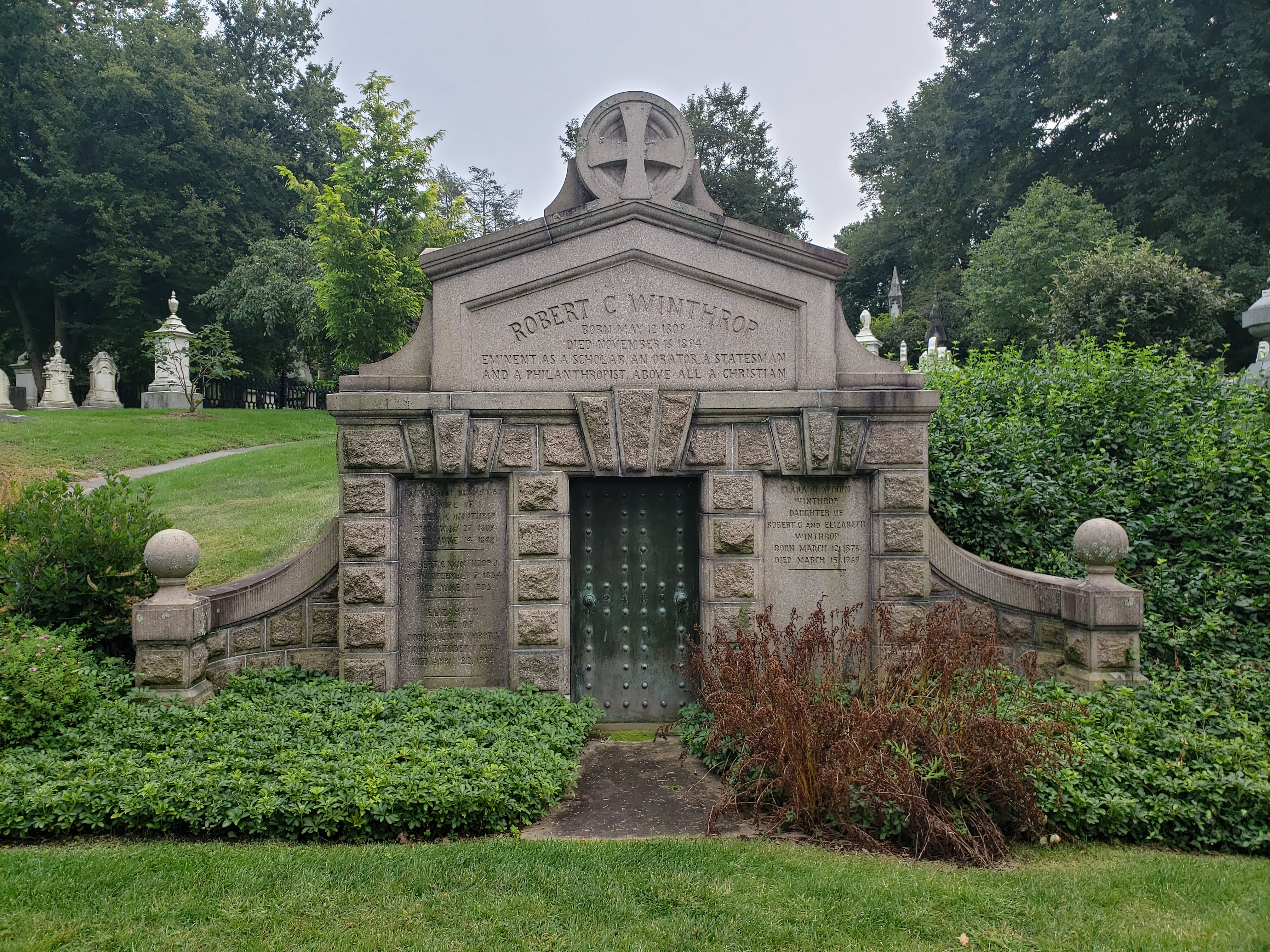 Robert C. Winthrop mausoleum in Mount Auburn Cemetery, Boston, Massachusetts.  Photo taken September 2021