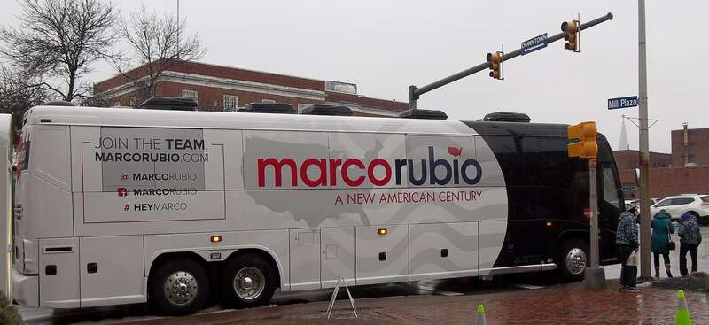 Marco Rubio campaign bus 2016 presidential campaign at Belknap Mill in Laconia, New Hampshire on Wednesday, February 3, 2016.