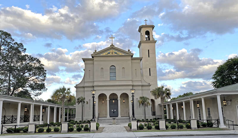 This is the facade of the parish's most recent church with its pediment mosaic, added in 2019.  Architect - McCrery Architects of Washington, D.C.