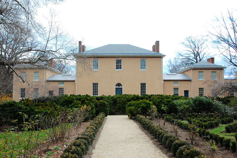 North facade and back gardens of Tudor Place, historic landmark in Washington, DC
