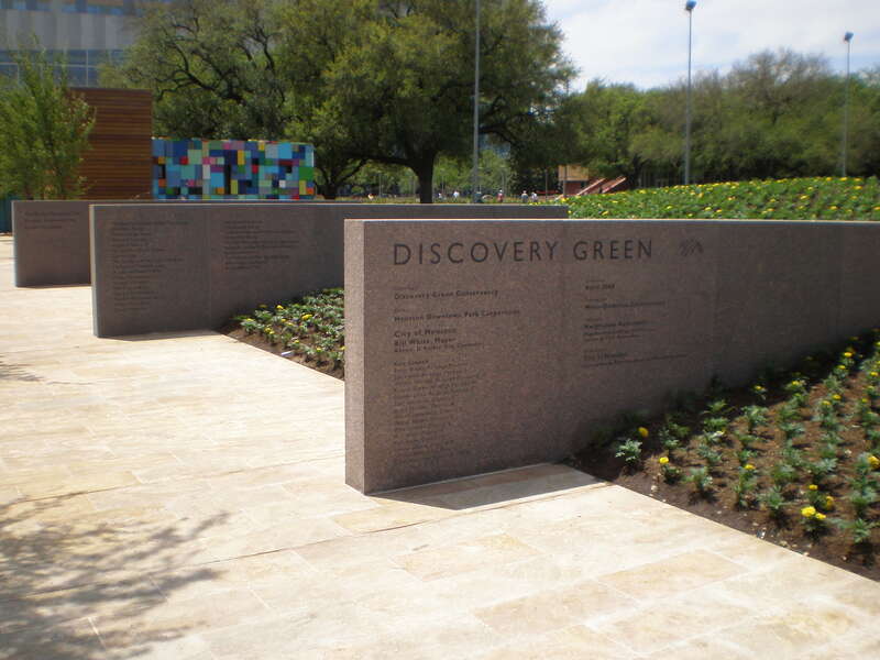 Wall designating Discovery Green in Houston, Texas.