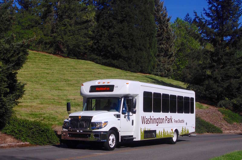 The free Washington Park Shuttle serves Portland, Oregon's Washington Park daily, year-round. (At the time of the photo, it operated from April to October, but weekend-only service in the other months of the year was added in fall 2019, and in May