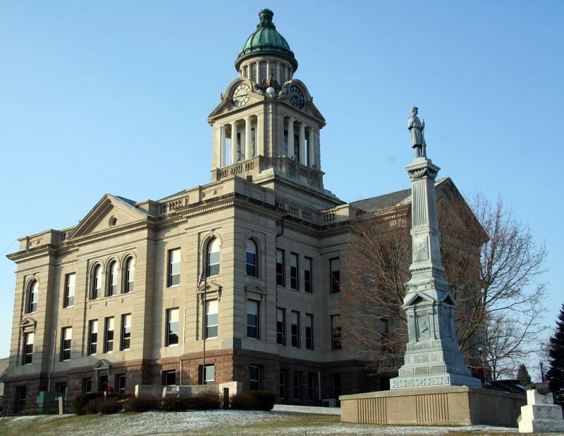 Winneshiek County Courthouse and Civil War Monument as seen from Main and Winnebago Streets in Decorah, Iowa