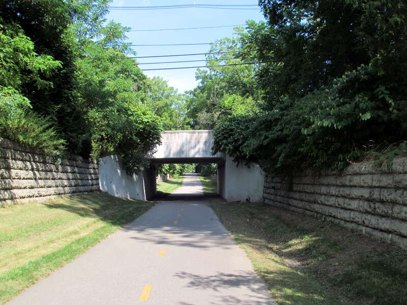 The South County Bike Path passes under Woodruff Avenue in the village of Wakefield in South Kingstown, Rhode Island