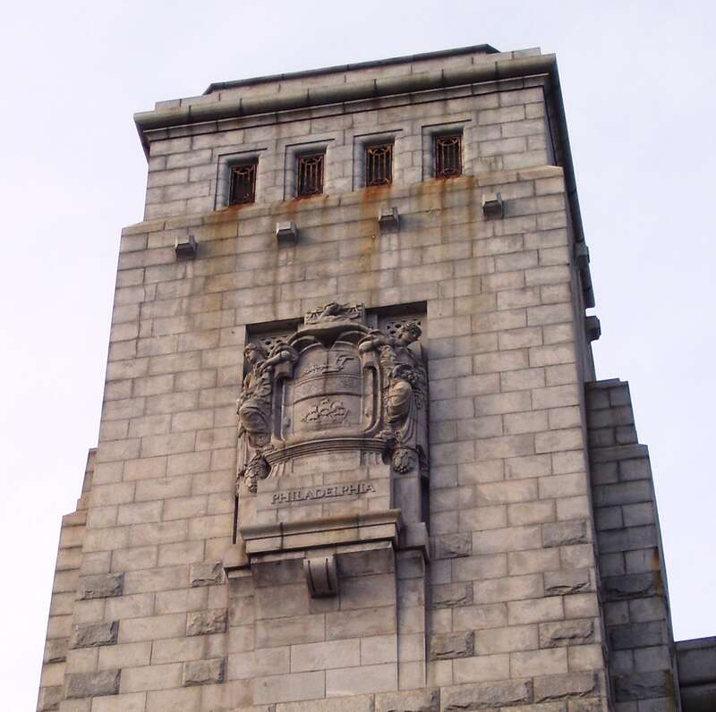 The top of south tower of the west anchorage of the Benjamin Franklin Bridge as seen from the Race Street off of North Christopher Columbus Blvd. in Philadelphia, Pennsylvania