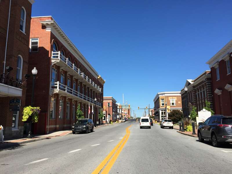 View north along West Virginia State Route 115 (George Street) between West Virginia State Route 51 (Washington Street) and Liberty Street in Charles Town, Jefferson County, West Virginia