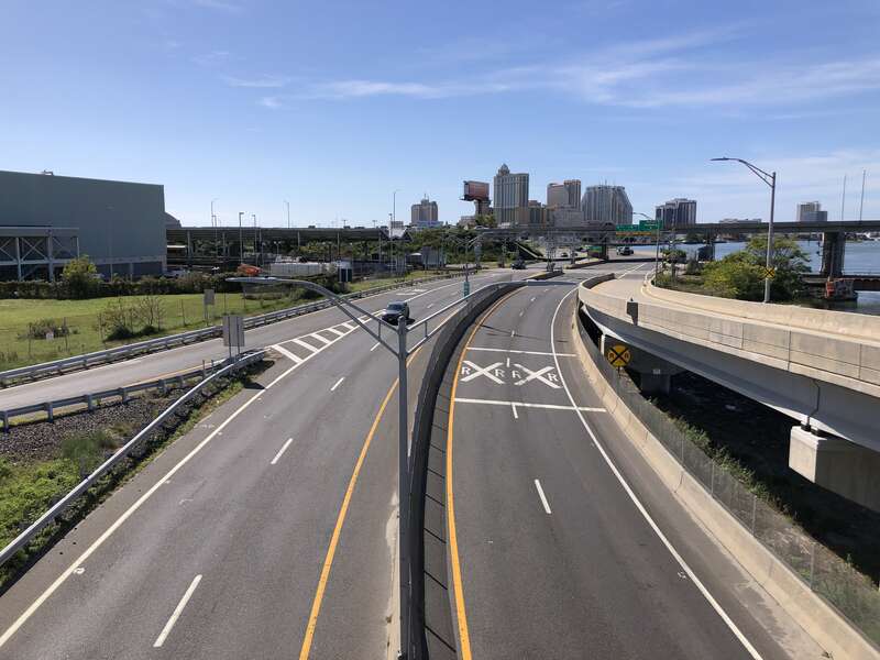 View south along New Jersey State Route 446X (Atlantic City–Brigantine Connector) from the overpass for Bacharach Boulevard in Atlantic City, Atlantic County, New Jersey