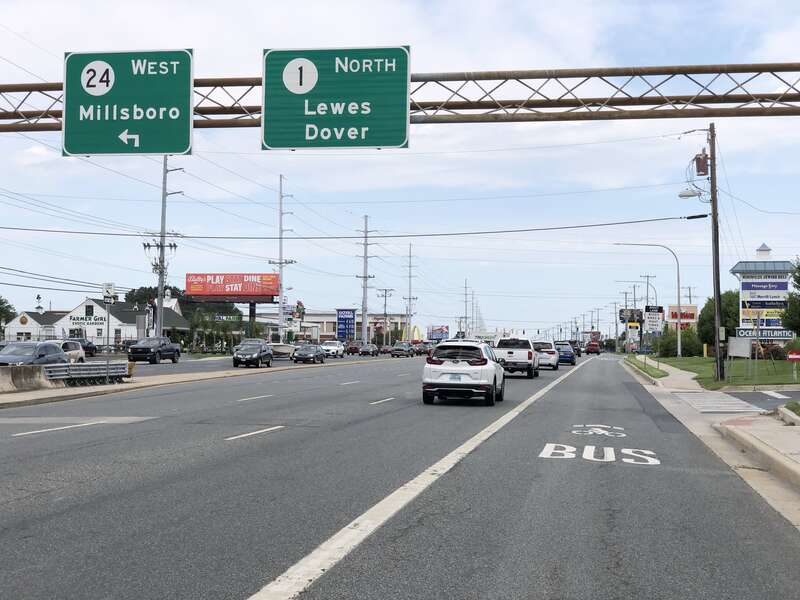 View north along Delaware State Route 1 (Coastal Highway) at Delaware State Route 24 and Delaware State Route 1D (John J Williams Highway) in Midway, Sussex County, Delaware