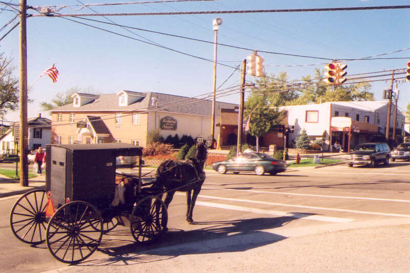 Scope and content:  The original finding aid described this photograph as:
Original Caption: A horse-drawn carriage in Berlin waits at a stoplight for its turn to proceed.
Location: Berlin, Ohio (40.561° N 81.795° W)

Status: Public domain. Photo by