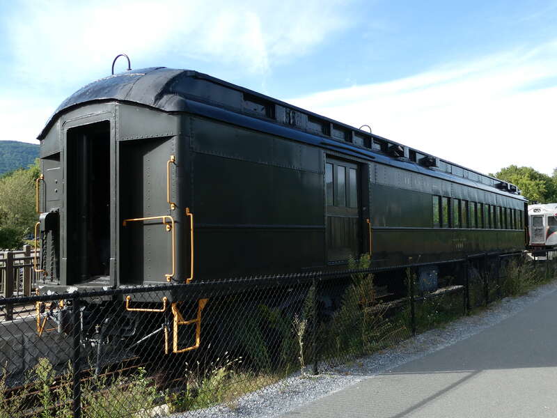 Combine coach #1444, built in 1927 for the Baltimore and Ohio Railroad, at Adams station in September 2022. At that time, the car was in use as the ticket office and gift shop for Berkshire Scenic tourist train operations.