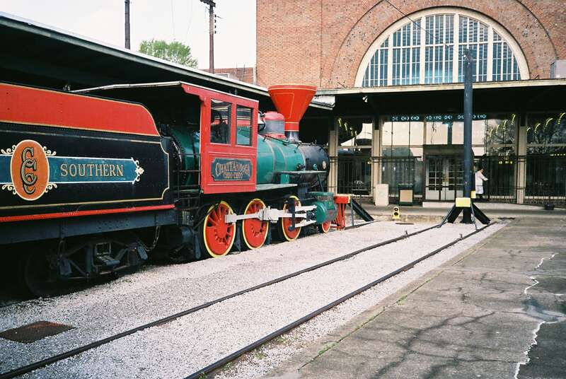Opened in 1909 as Terminal Station, now part of the Chattanooga Choo Choo Hotel. 2-6-0 wood-burner loco no. 29 built 1880 Baldwin, last used by Smoky Mountain Railroad in 1940's..

Market Street, Chattanooga, TN