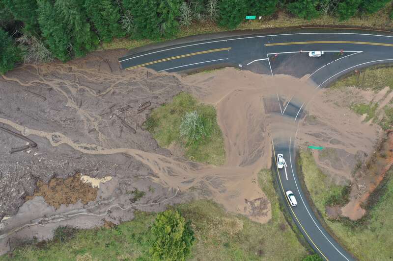 Flooding and debris on I-84 at Exit 35, near Ainsworth State Park.