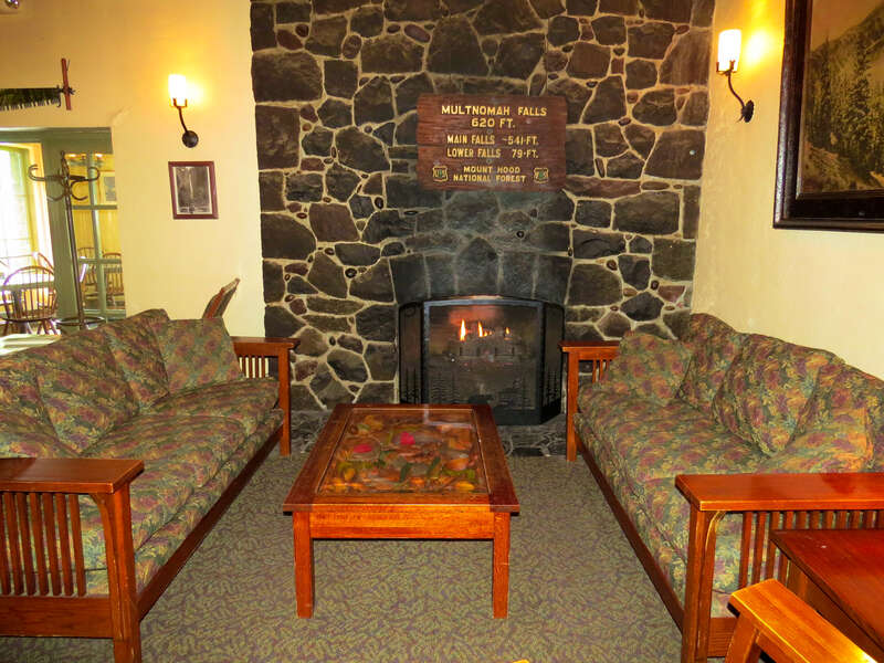 Fireplace and Sofas at Multnomah Falls Lodge Restaurant at Multnomah Falls on the Columbia River Gorge National Scenic Area.