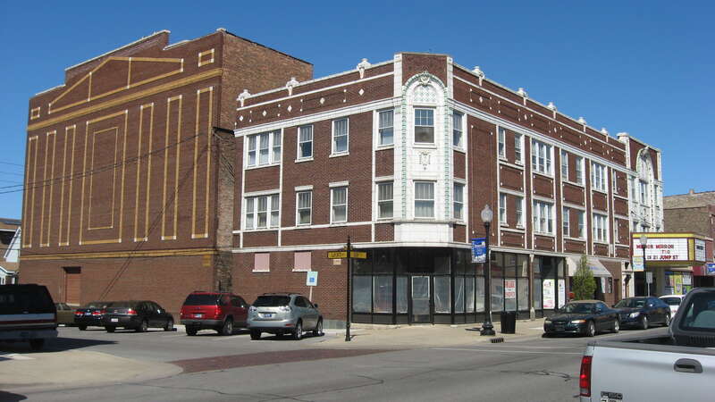 Front and western side of the Hoosier Theater Building, located at 1329-1335 119th Street in Whiting, Indiana, United States.  Built in 1924, it is listed on the National Register of Historic Places.