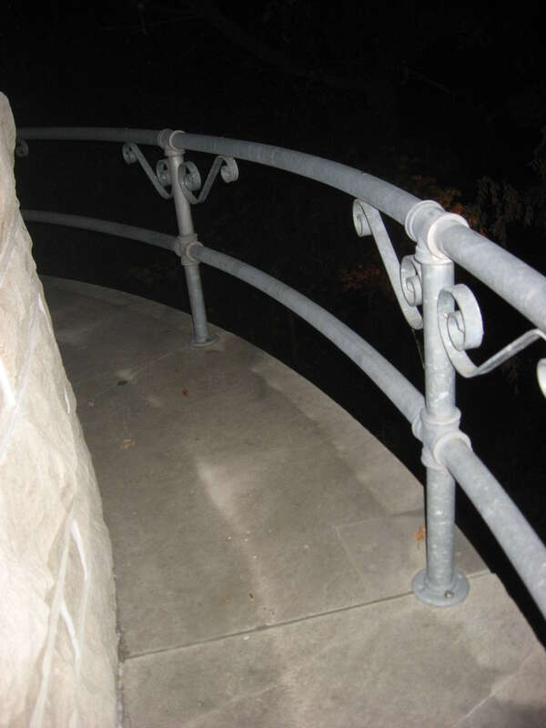 A handrailing on the balcony of the Kirkwood Observatory on the campus of Indiana University in Bloomington, Indiana, United States.  Built in 1901, it is part of The Old Crescent, a group of the oldest buildings on the university's campus that is