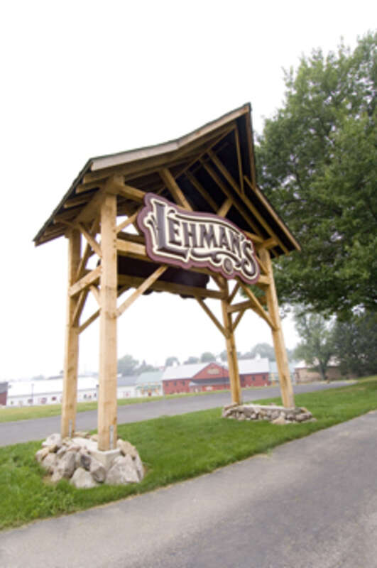 The entrance to Lehman's Hardware off of Kidron Road in Kidron, Ohio.  The Lehman's campus is visible in the background.