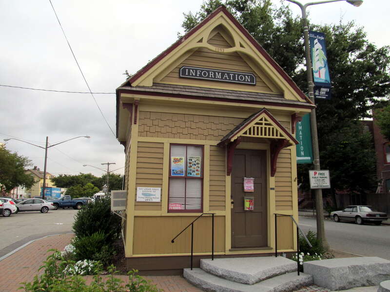 Information booth in downtown New London - the former Cedar Grove Cemetery stretcar waiting station - in August 2013