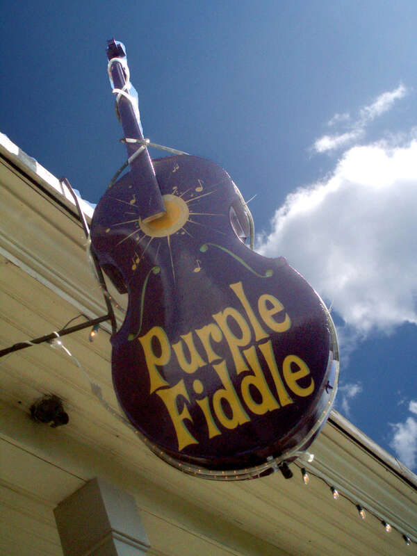Front of Purple Fiddle live music venue in Thomas, West Virginia.