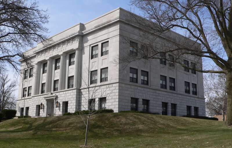 Saline County Courthouse in Wilber, Nebraska; seen from the northeast.  The Classical Revival building was constructed in 1928, and is listed in the National Register of Historic Places.