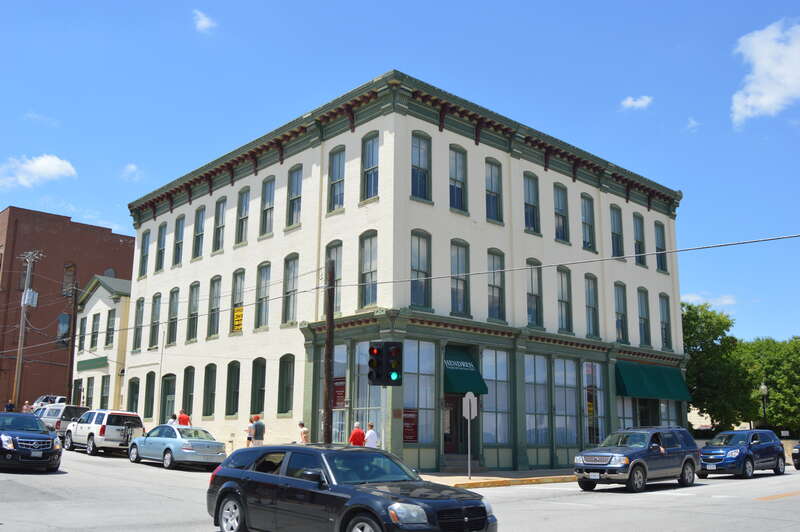 Front and southern side of the Standard Printing Company, located at 201 N. Third Street (Route 79) in Hannibal, Missouri, United States.  Built in 1879, it is listed on the National Register of Historic Places.