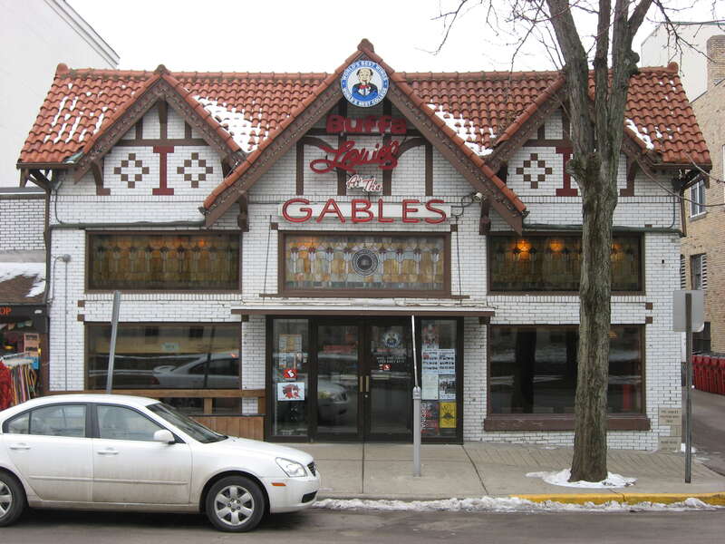 Front of The Gables, a restaurant and former bookstore located at 114 S. Indiana Avenue in Bloomington, Indiana, United States and built in 1913.