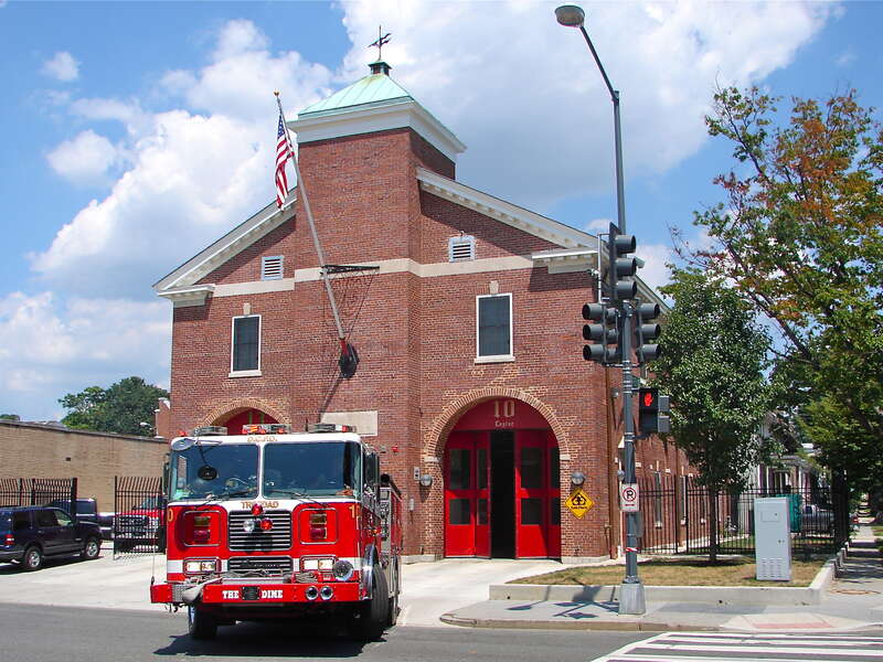 Truck House No. 13 on the NRHP since June 6, 2007. At 1342 Florida Ave. NE, Washington, D.C.  Note Engine No. 10 (the &quot;Dime&quot;) leaving the house to go on a call.  Part of the NRHP MPS for Firehouses in Washington, DC.