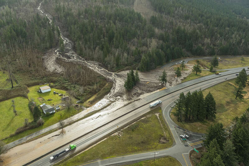Flooding and debris flow on the Historic Columbia River Highway, OR 30, near Cascade Locks.