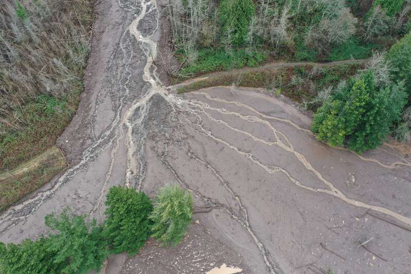 Flooding and debris on I-84 at Exit 35, near Ainsworth State Park.