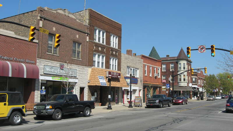 Buildings on the northern side of the 1300 block of 119th Street in Whiting, Indiana, United States.  This block is part of the Whiting Commercial Historic District.  Most of the pictured buildings were built in 1925.