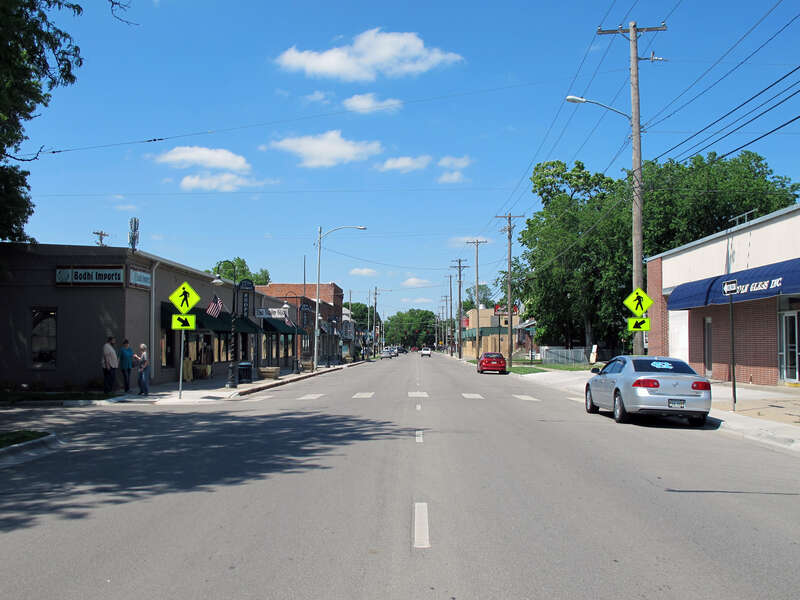 Photo of the 17th Street Shops in Lincoln, Nebraska.  Photo is taken just south of S. 17th and Sumner Streets (north intersection), looking due north.