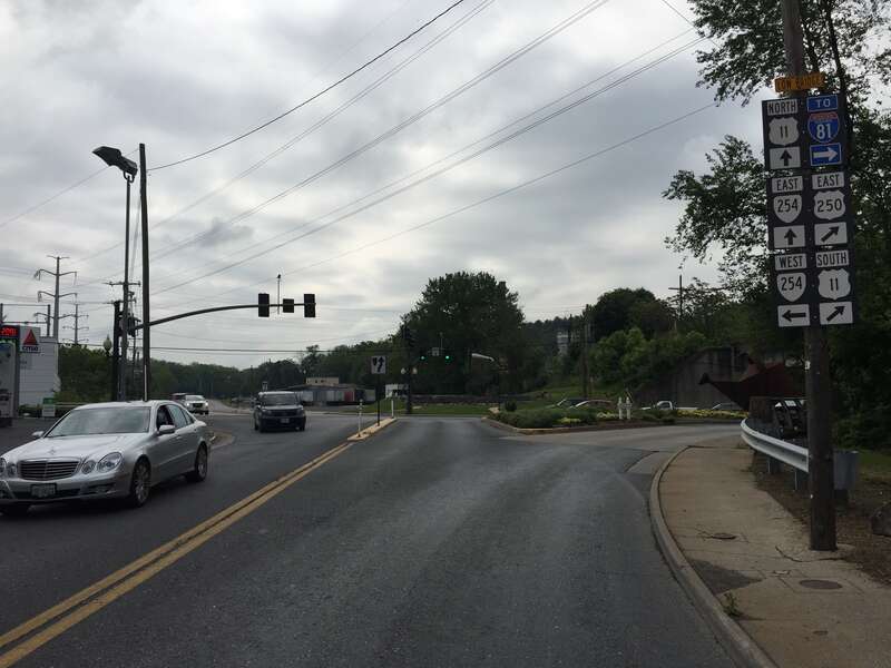 View south along Greenville Avenue (Virginia State Route 254 eastbound, U.S. Route 11 Business southbound, U.S. Route 250 eastbound) at Commerce Street (U.S. Route 11) in Staunton, Virginia