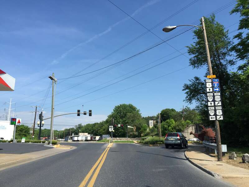 View south along U.S. Route 11 Business and east along U.S. Route 250 and Virginia State Route 254 (Greenville Avenue) at the junction with Commerce Road (U.S. Route 11) in Staunton, Virginia