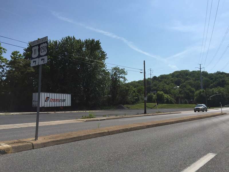 View south along U.S. Route 11 and west along Virginia State Route 254 (Commerce Road) just north of the junction with Greenville Avenue (U.S. Route 250 and U.S. Route 11 Business) in Staunton, Virginia