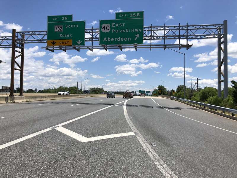 View south along the Inner Loop of the Baltimore Beltway (Interstate 695) at Exit 35B (U.S. Route 40 EAST/Pulaski Highway, Aberdeen) on the edge of Rosedale and Rossville in Baltimore County, Maryland