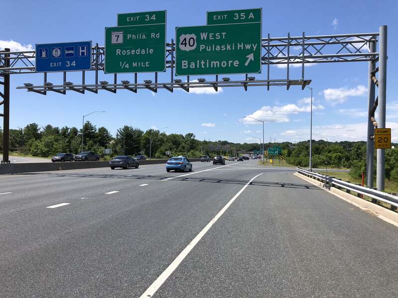 View north along the Outer Loop of the Baltimore Beltway (Interstate 695) at Exit 35A (U.S. Route 40 WEST/Pulaski Highway, Baltimore) on the edge of Rosedale and Rossville in Baltimore County, Maryland