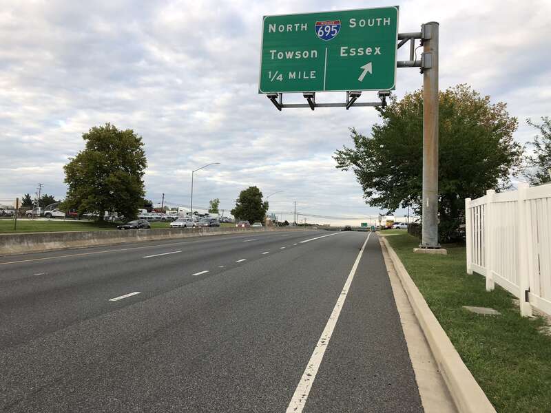View east along U.S. Route 40 (Pulaski Highway) at exit for Interstate 695 SOUTH (Essex) in Rosedale, Baltimore County, Maryland
