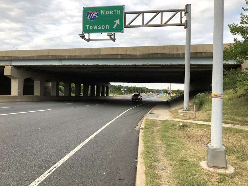View east along U.S. Route 40 (Pulaski Highway) at exit for Interstate 695 NORTH (Towson) in Rosedale, Baltimore County, Maryland