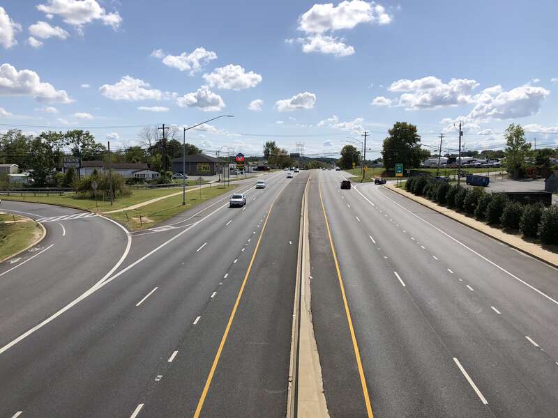 View west along U.S. Route 40 (Pulaski Highway) from the overpass for Interstate 695 (Baltimore Beltway) in Rosedale, Baltimore County, Maryland