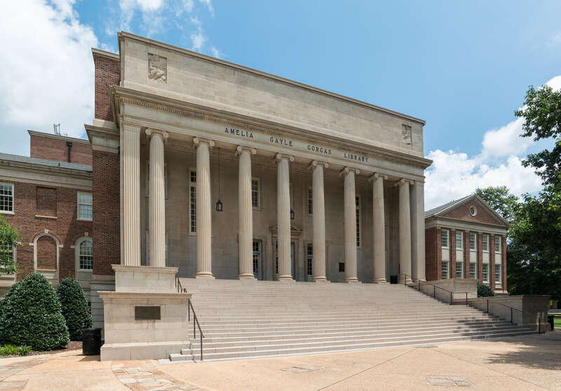 A southwest view of Amelia Gayle Gorgas Library, located on the campus of the University of Alabama, Tuscaloosa