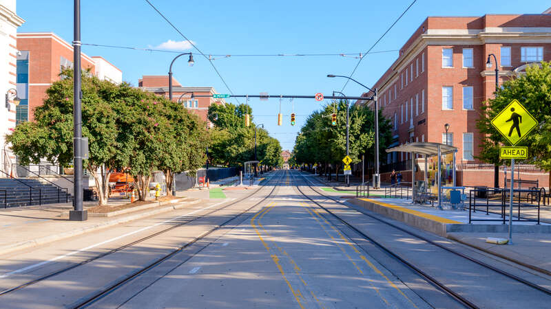Facing southeast along Elizabeth Avenue, at the CPCC Central streetcar stop.