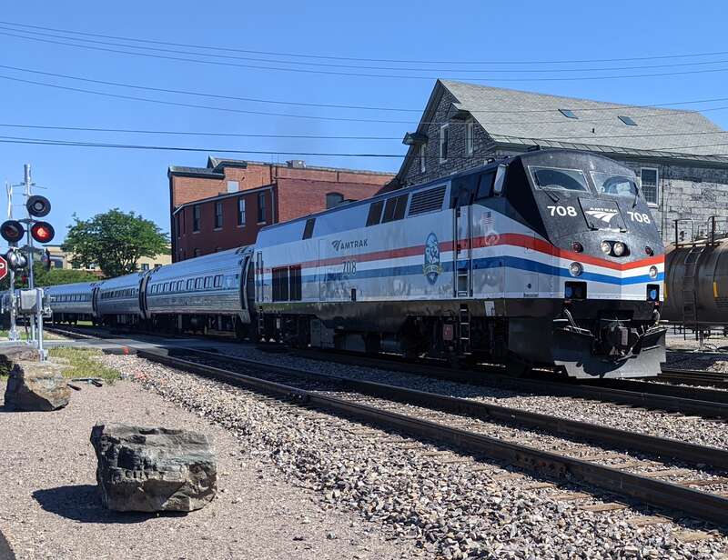 The southbound Ethan Allen Express departing Burlington for New York City in July 2022