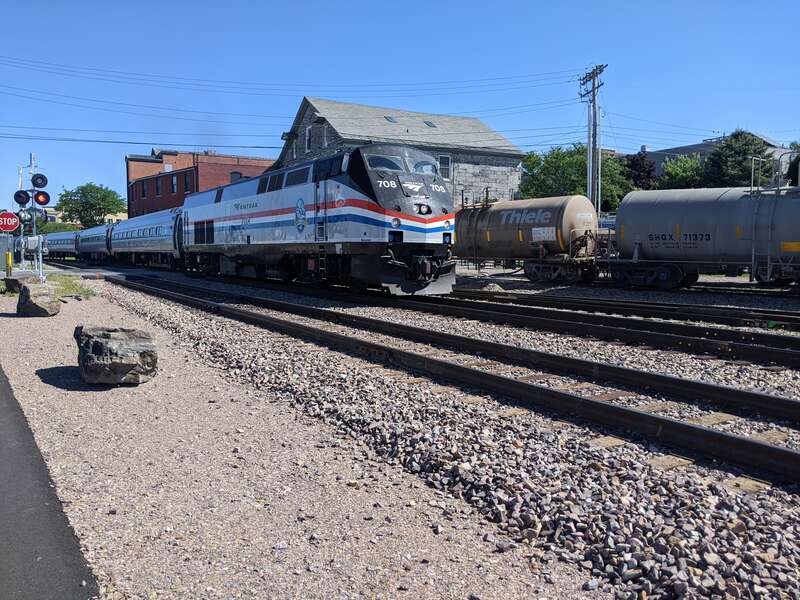 The southbound Ethan Allen Express departing Burlington for New York City in July 2022